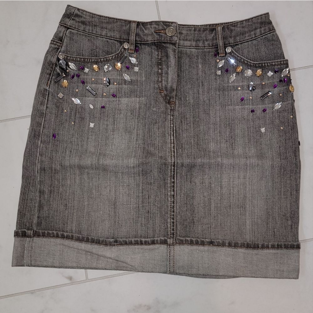 Escada Sport Embellished Gray Denim Skirt Nwot Size 36 US 6